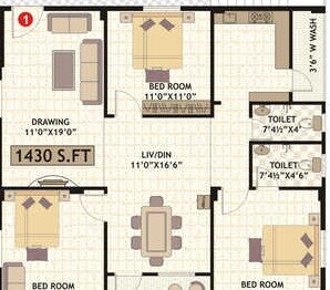 Floor plan of 3 BHK 1430 Sq. Ft. Apartment in Amrutha Laxmi Residency, Hyderabad