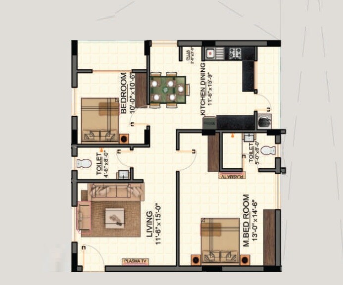 Floor plan of 2 BHK 1269 Sq. Ft. Apartment in Amrutha Sarovar Apartments, Hyderabad