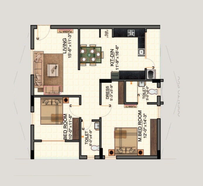 Floor plan of 2 BHK 1310 Sq. Ft. Apartment in Amrutha Sarovar Apartments, Hyderabad