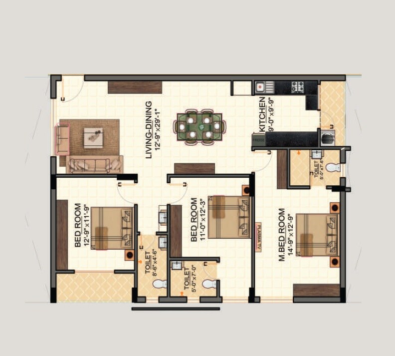 Floor plan of 3 BHK 1442 Sq. Ft. Apartment in Amrutha Sarovar Apartments, Hyderabad