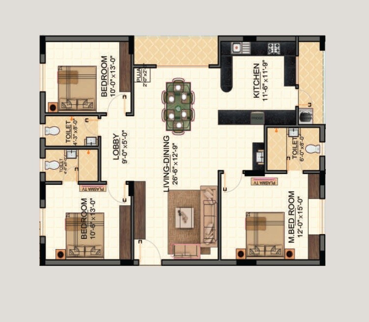 Floor plan of 3 BHK 1829 Sq. Ft. Apartment in Amrutha Sarovar Apartments, Hyderabad