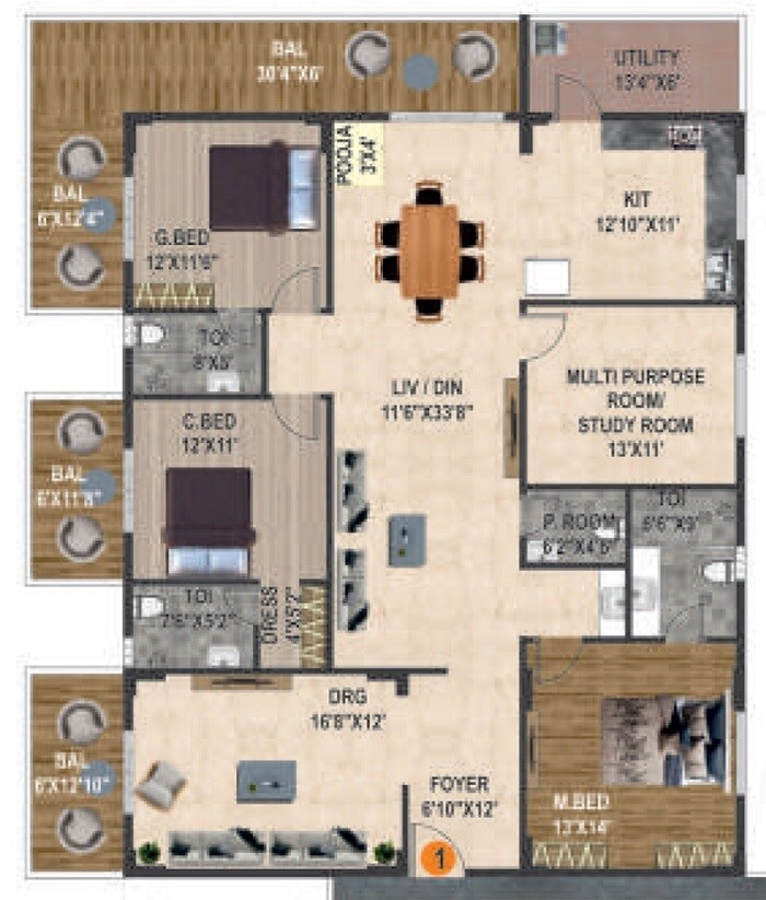 Floor plan of 4 BHK 3170 Sq. Ft. Apartment in Amrutha Shambala, Hyderabad