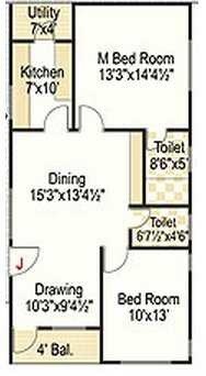 Floor plan of 2 BHK 1070 Sq. Ft. Apartment in Amsri Orchid, Hyderabad
