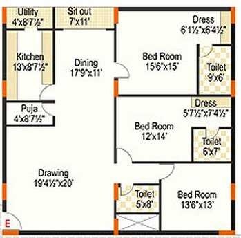 Floor plan of 3 BHK 2192 Sq. Ft. Apartment in Amsri Orchid, Hyderabad