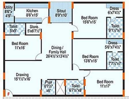 Floor plan of 4 BHK 2737 Sq. Ft. Apartment in Amsri Orchid, Hyderabad