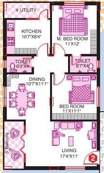 Floor plan of 2 BHK 1050 Sq. Ft. Apartment in Amulya Durga Vihar, Hyderabad