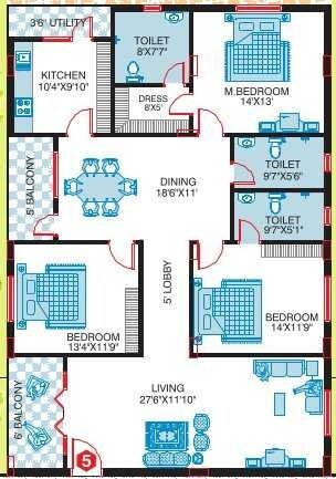 Floor plan of 3 BHK 2150 Sq. Ft. Apartment in Amulya Durga Vihar, Hyderabad