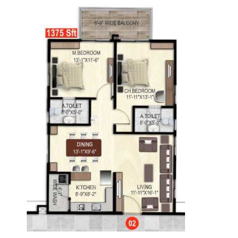 Floor plan of 2 BHK 1375 Sq. Ft. Apartment in Ananda The Drizzle, Hyderabad