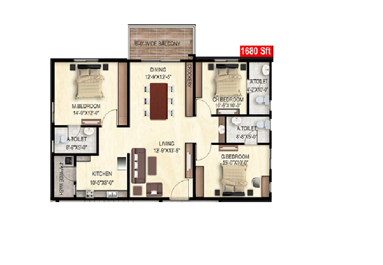Floor plan of 3 BHK 1680 Sq. Ft. Apartment in Ananda The Drizzle, Hyderabad