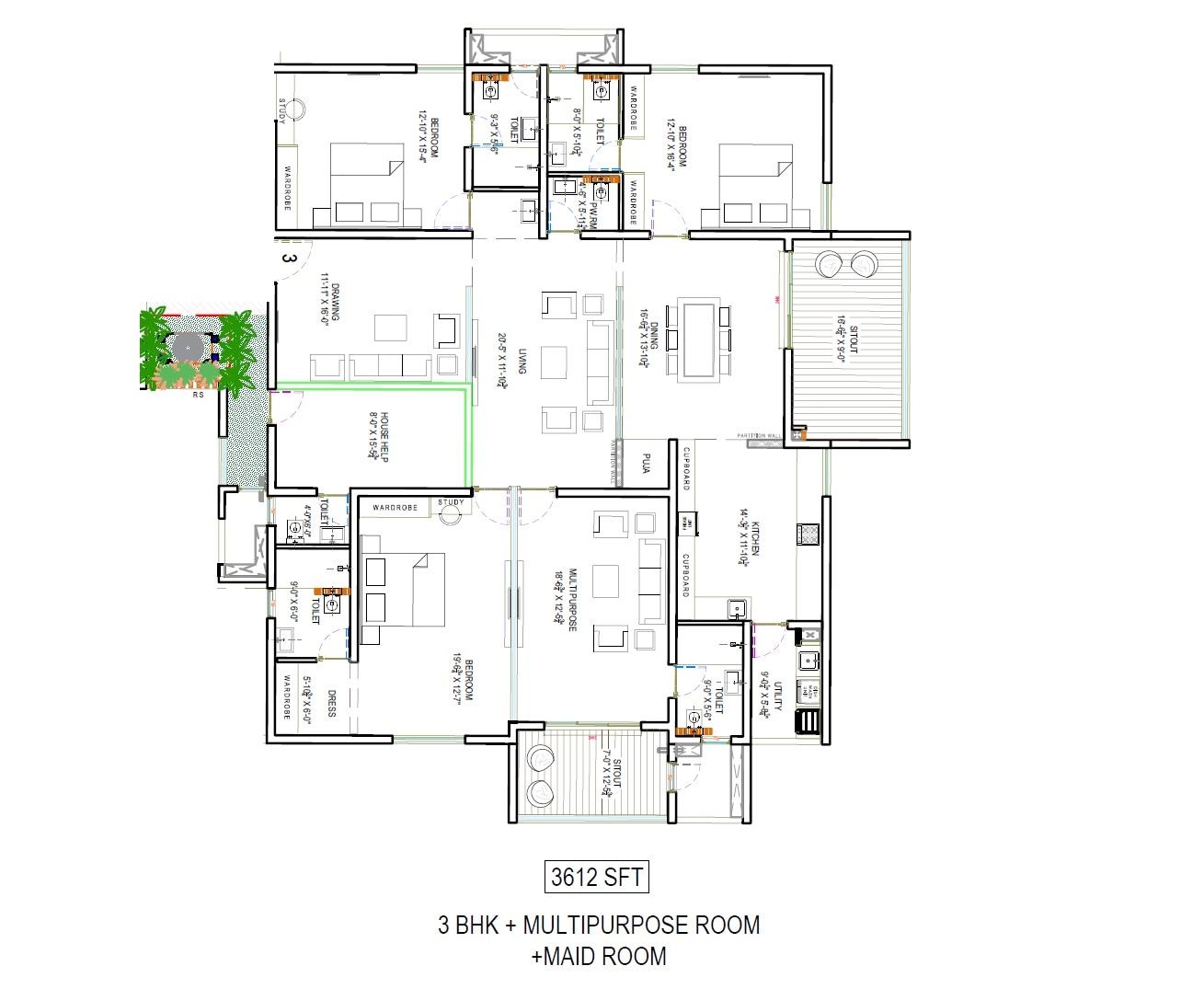 Floor plan of 3 BHK 3612 Sq. Ft. Apartment in Ananda The Sky 49, Hyderabad
