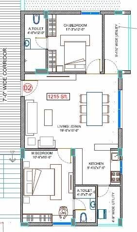 Floor plan of 2 BHK 1215 Sq. Ft. Apartment in Ananda Vine Wood, Hyderabad