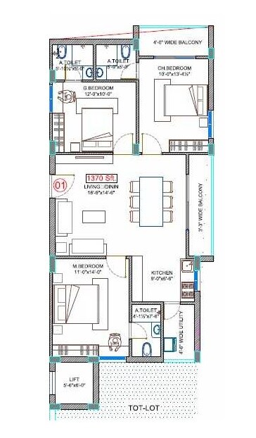 Floor plan of 3 BHK 1370 Sq. Ft. Apartment in Ananda Vine Wood, Hyderabad