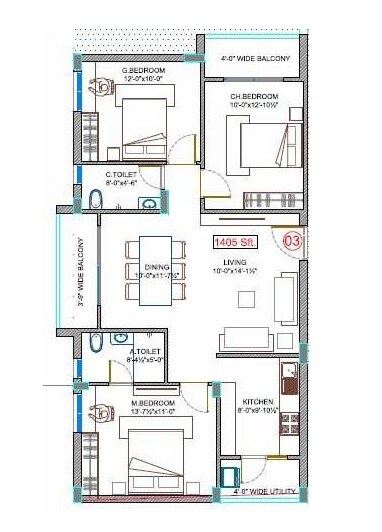 Floor plan of 3 BHK 1405 Sq. Ft. Apartment in Ananda Vine Wood, Hyderabad