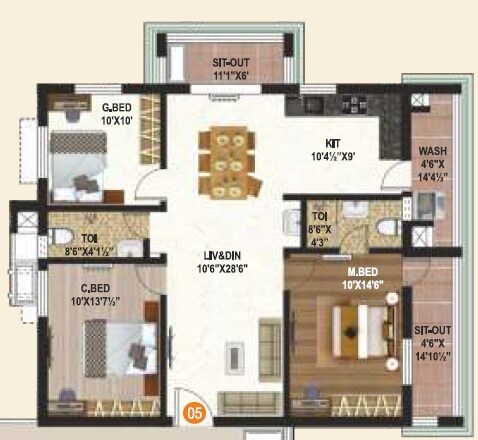 Floor plan of 3 BHK 1490 Sq. Ft. Apartment in Anantha Vayun Meadows, Hyderabad