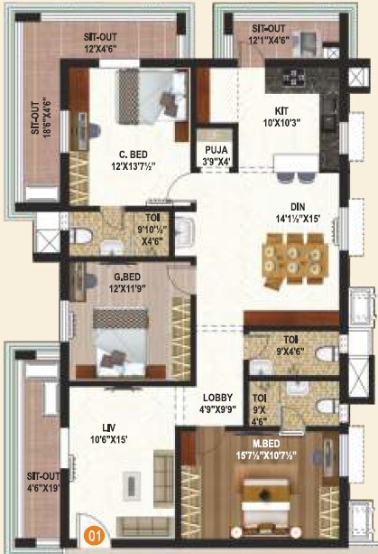 Floor plan of 3 BHK 2050 Sq. Ft. Apartment in Anantha Vayun Meadows, Hyderabad