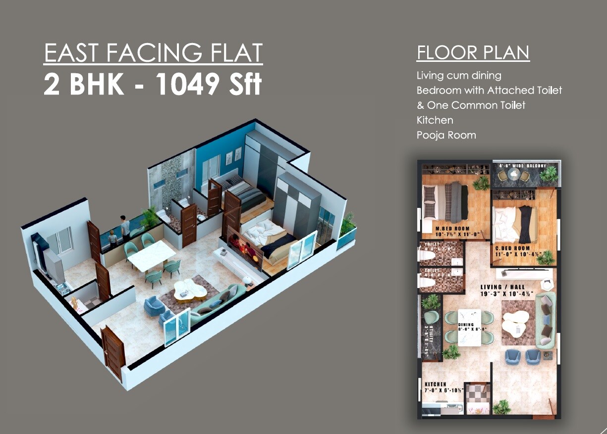 Floor plan of 2 BHK 1049 Sq. Ft. Apartment in Anil Vaishnavi Pride, Hyderabad