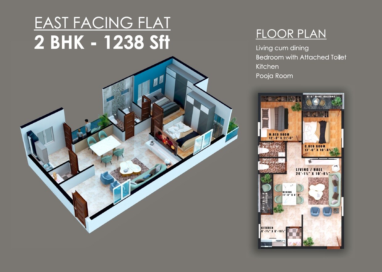 Floor plan of 2 BHK 1238 Sq. Ft. Apartment in Anil Vaishnavi Pride, Hyderabad