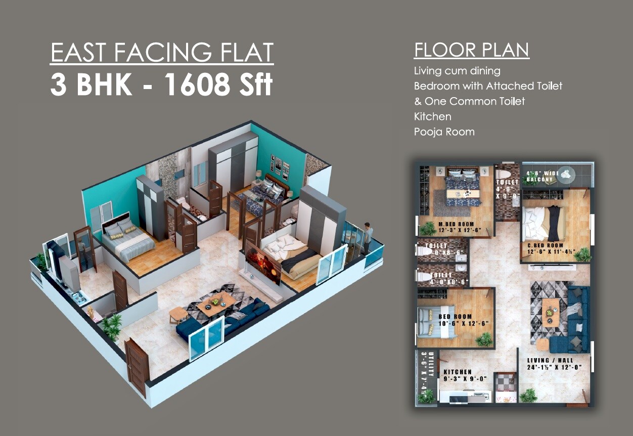 Floor plan of 3 BHK 1608 Sq. Ft. Apartment in Anil Vaishnavi Pride, Hyderabad