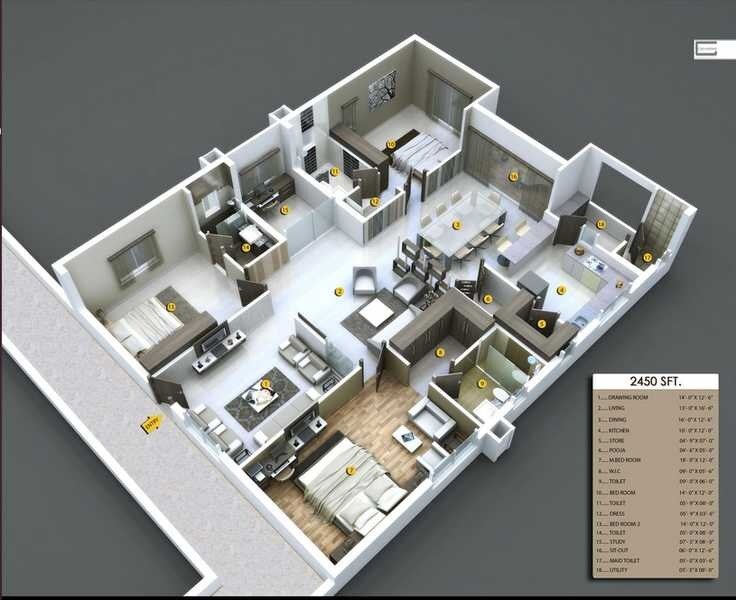 Floor plan of 3 BHK 2450 Sq. Ft. Apartment in Annapurna Celestia, Hyderabad
