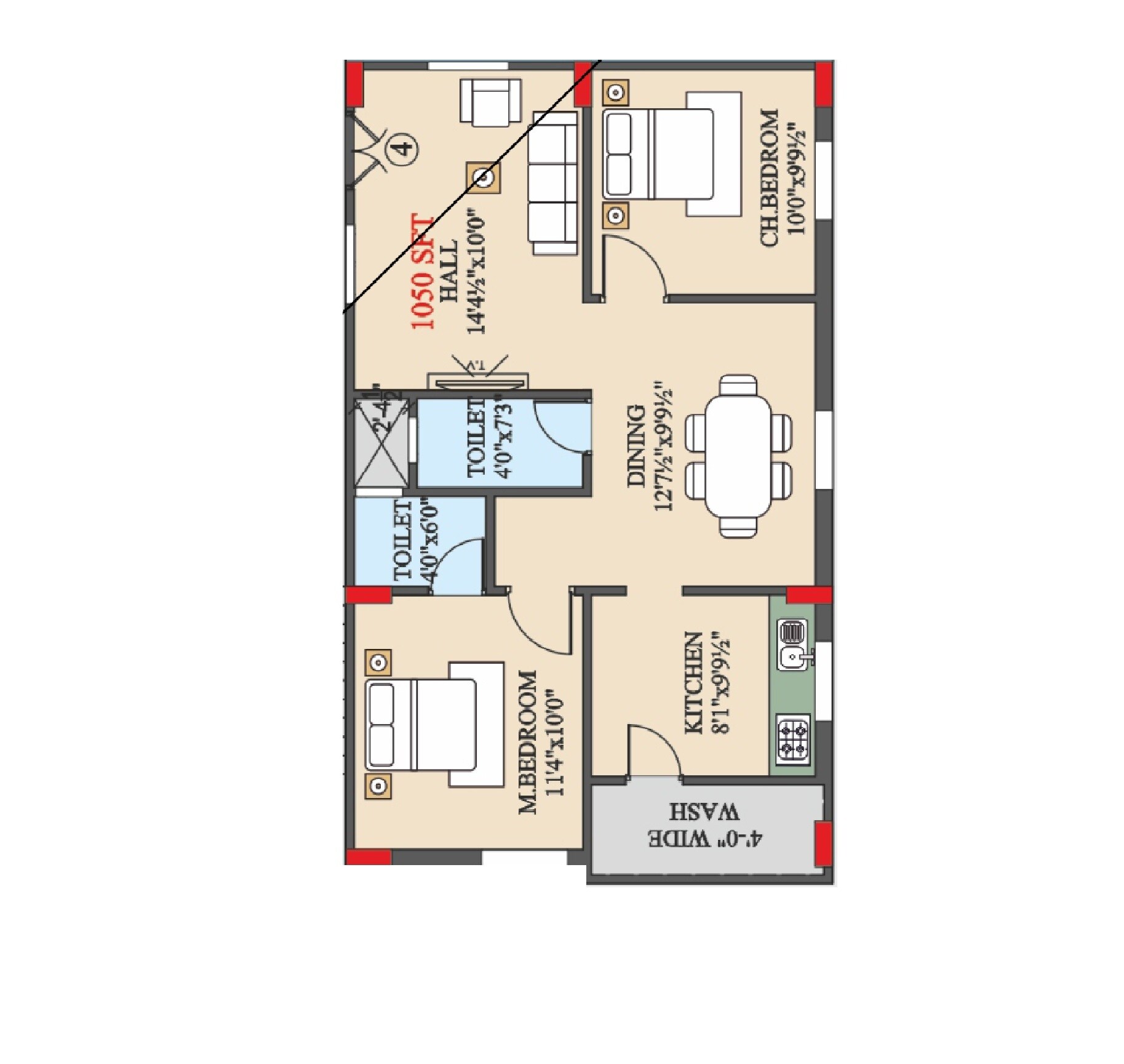 2 BHK 1050 Sq. Ft. Apartment
