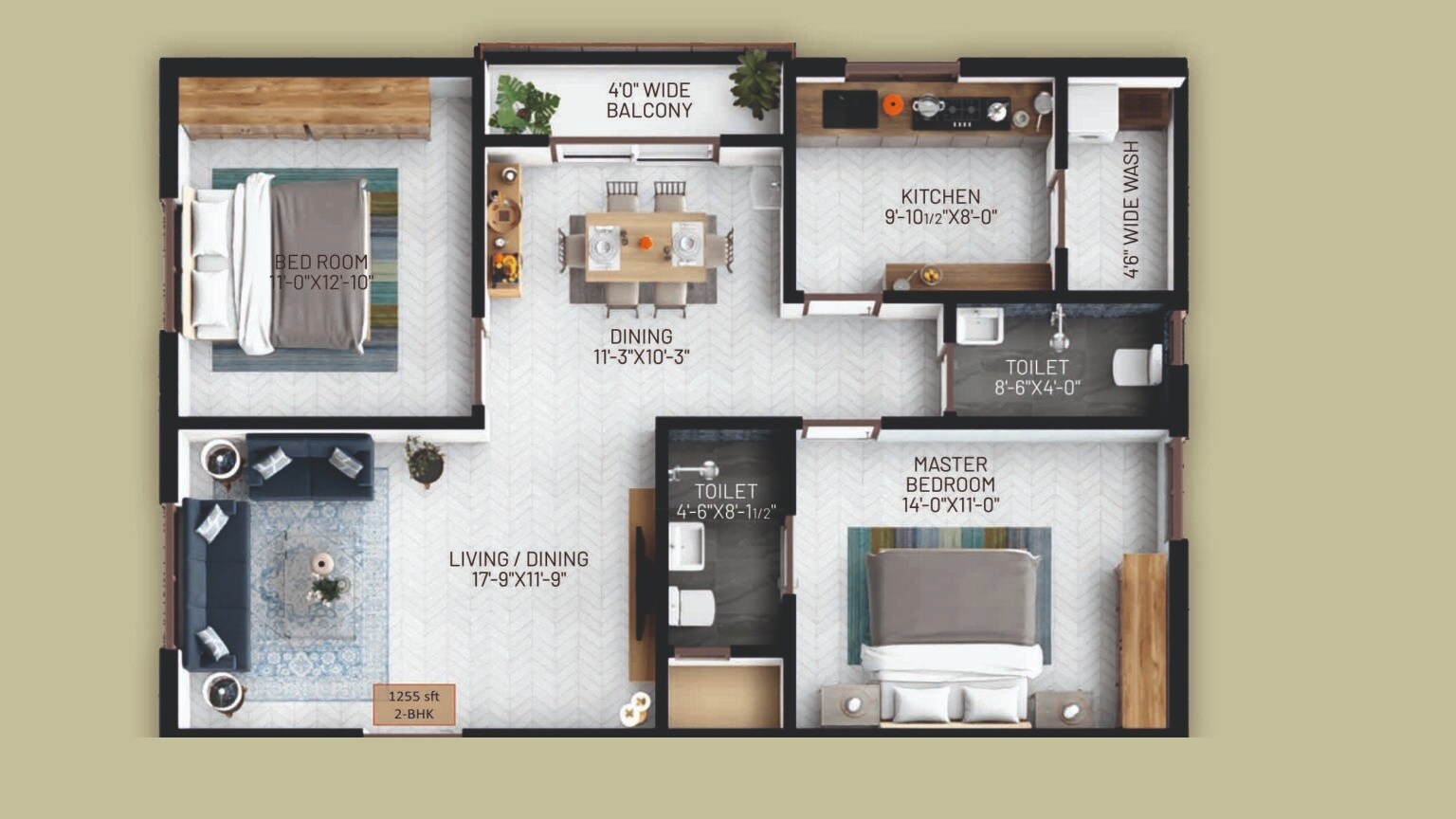 Floor plan of 2 BHK 1255 Sq. Ft. Apartment in Anokha Retreat, Hyderabad