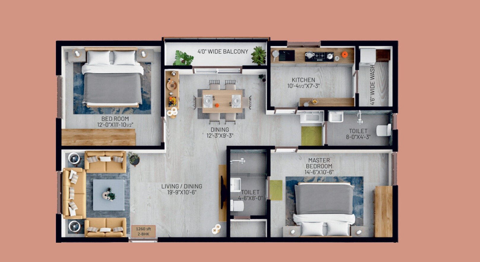 Floor plan of 2 BHK 1260 Sq. Ft. Apartment in Anokha Retreat, Hyderabad