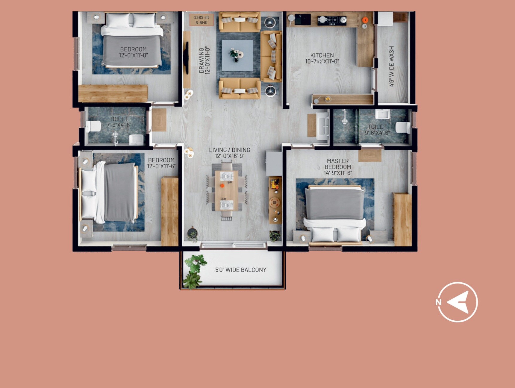 Floor plan of 3 BHK 1585 Sq. Ft. Apartment in Anokha Retreat, Hyderabad