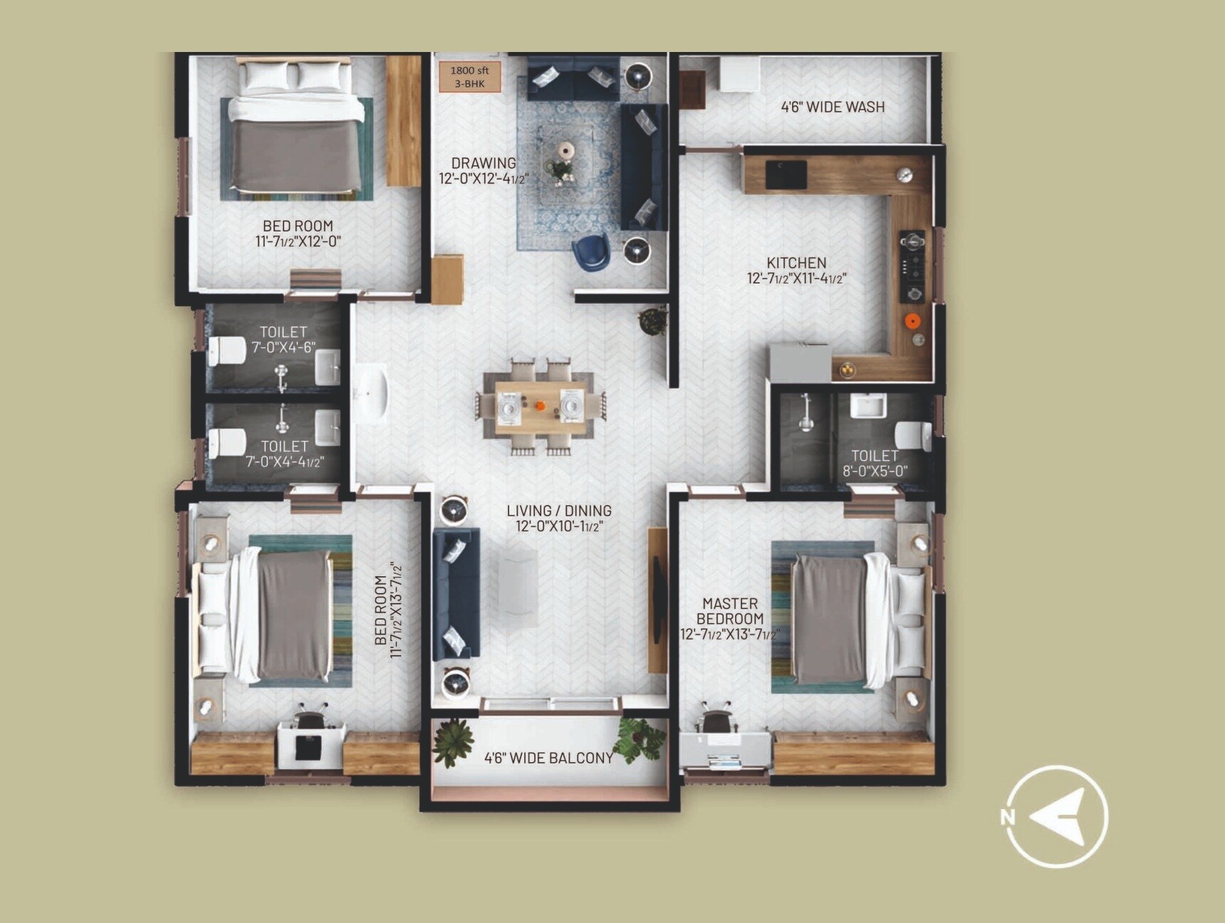 Floor plan of 3 BHK 1800 Sq. Ft. Apartment in Anokha Retreat, Hyderabad
