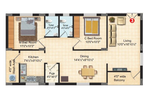 2 BHK 1060 Sq. Ft. Apartment