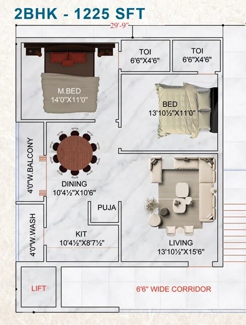 Floor plan of 2 BHK 1225 Sq. Ft. Apartment in Anubandana Sai Sadan Enclave, Hyderabad