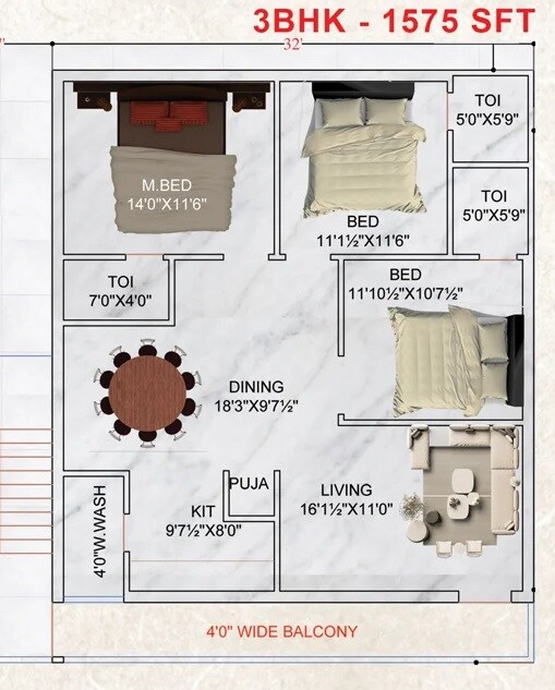Floor plan of 3 BHK 1575 Sq. Ft. Apartment in Anubandana Sai Sadan Enclave, Hyderabad