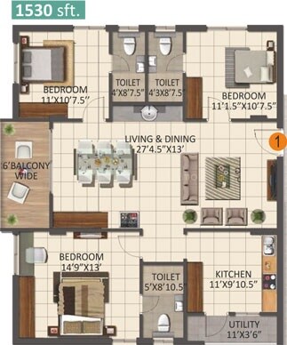 3 BHK 1530 Sq. Ft. Apartment