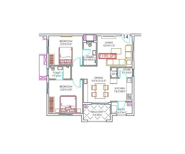 Floor plan of 2 BHK 1190 Sq. Ft. Apartment in Anuhar Gautami Heights, Hyderabad