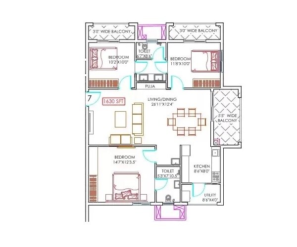 Floor plan of 2 BHK 1630 Sq. Ft. Apartment in Anuhar Gautami Heights, Hyderabad