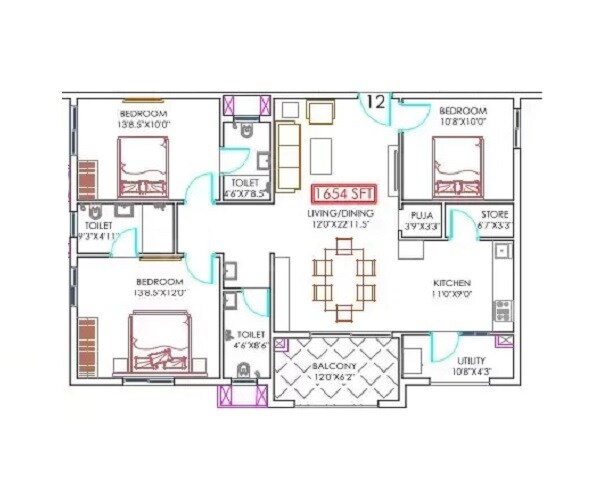 Floor plan of 3 BHK 1654 Sq. Ft. Apartment in Anuhar Gautami Heights, Hyderabad