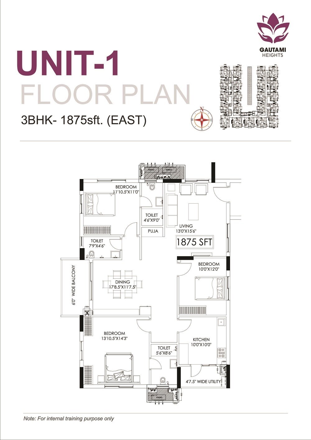 Floor plan of 3 BHK 1875 Sq. Ft. Apartment in Anuhar Gautami Heights, Hyderabad