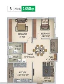 Floor plan of 2 BHK 1350 Sq. Ft. Apartment in Anuhar Nature Walk, Hyderabad