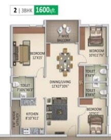 Floor plan of 3 BHK 1525 Sq. Ft. Apartment in Anuhar Nature Walk, Hyderabad