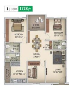 Floor plan of 3 BHK 1728 Sq. Ft. Apartment in Anuhar Nature Walk, Hyderabad