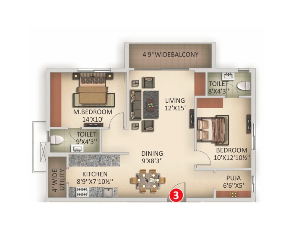 Floor plan of 2 BHK 1281 Sq. Ft. Apartment in Anuhar Rami Reddy Towers, Hyderabad
