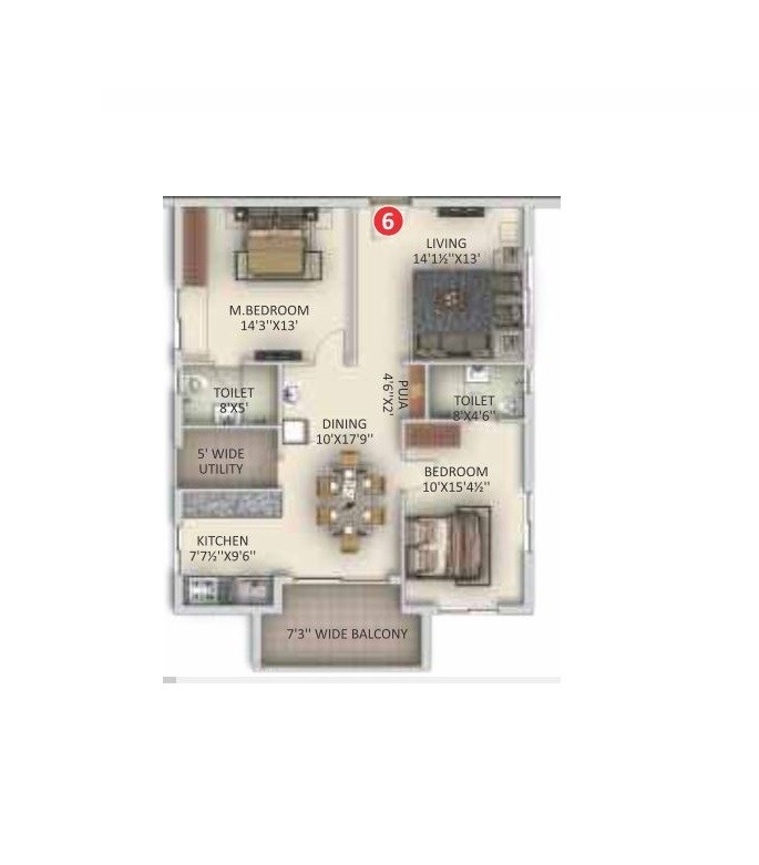 Floor plan of 2 BHK 1440 Sq. Ft. Apartment in Anuhar Rami Reddy Towers, Hyderabad