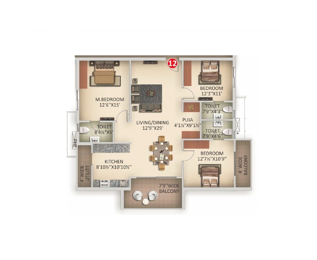 Floor plan of 3 BHK 1616 Sq. Ft. Apartment in Anuhar Rami Reddy Towers, Hyderabad