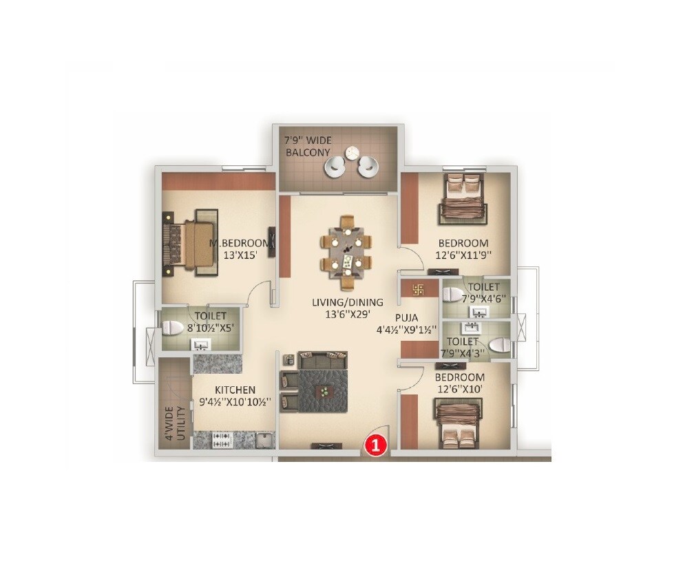 Floor plan of 3 BHK 1960 Sq. Ft. Apartment in Anuhar Rami Reddy Towers, Hyderabad
