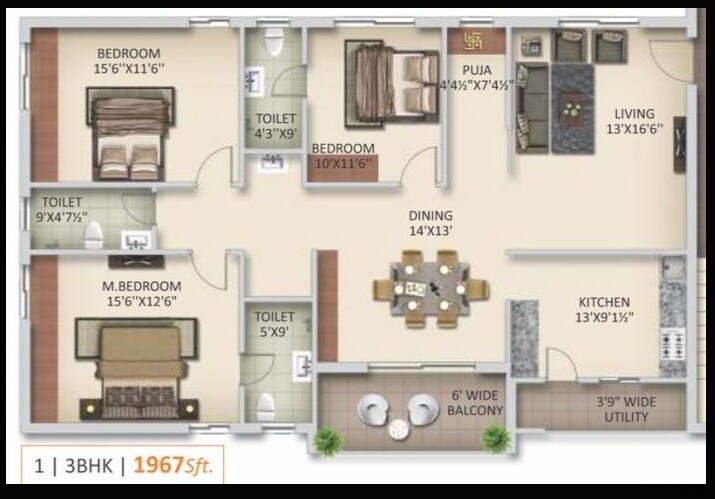 Floor plan of 3 BHK 1967 Sq. Ft. Apartment in Anuhar Sunny Side, Hyderabad