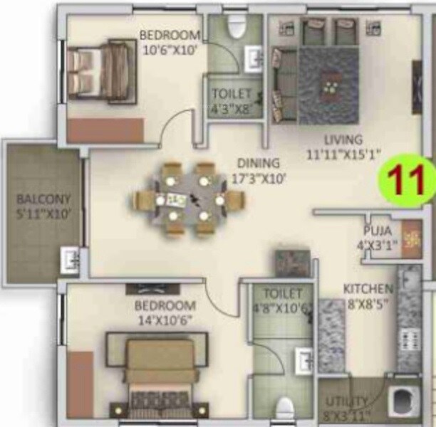 Floor plan of 2 BHK 1296 Sq. Ft. Apartment in Anuhar Tower, Hyderabad