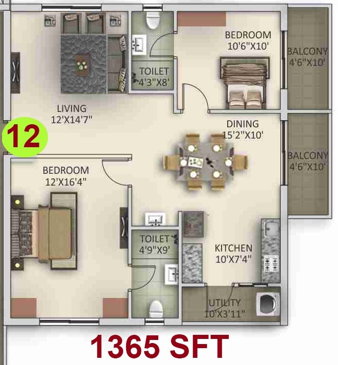 Floor plan of 2 BHK 1365 Sq. Ft. Apartment in Anuhar Tower, Hyderabad