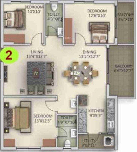 Floor plan of 3 BHK 1551 Sq. Ft. Apartment in Anuhar Tower, Hyderabad