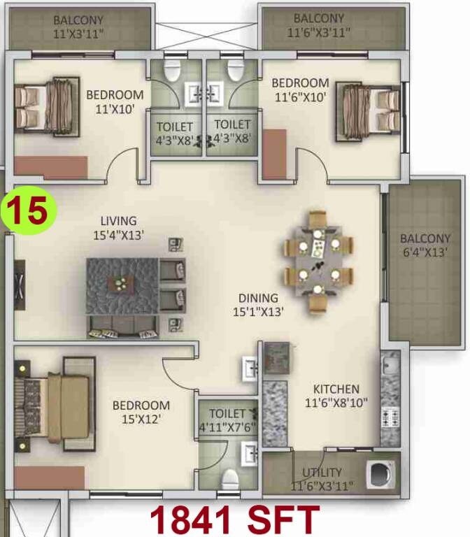 Floor plan of 3 BHK 1841 Sq. Ft. Apartment in Anuhar Tower, Hyderabad