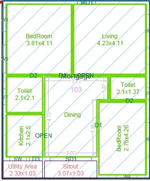 Floor plan of 2 BHK 1284 Sq. Ft. Apartment in Anuhar Water Leaf, Hyderabad