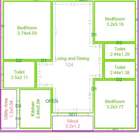 Floor plan of 3 BHK 1689 Sq. Ft. Apartment in Anuhar Water Leaf, Hyderabad